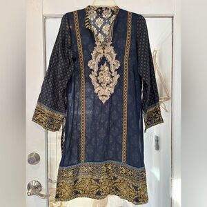 Navy Blue & Gold Embroidered Kurta